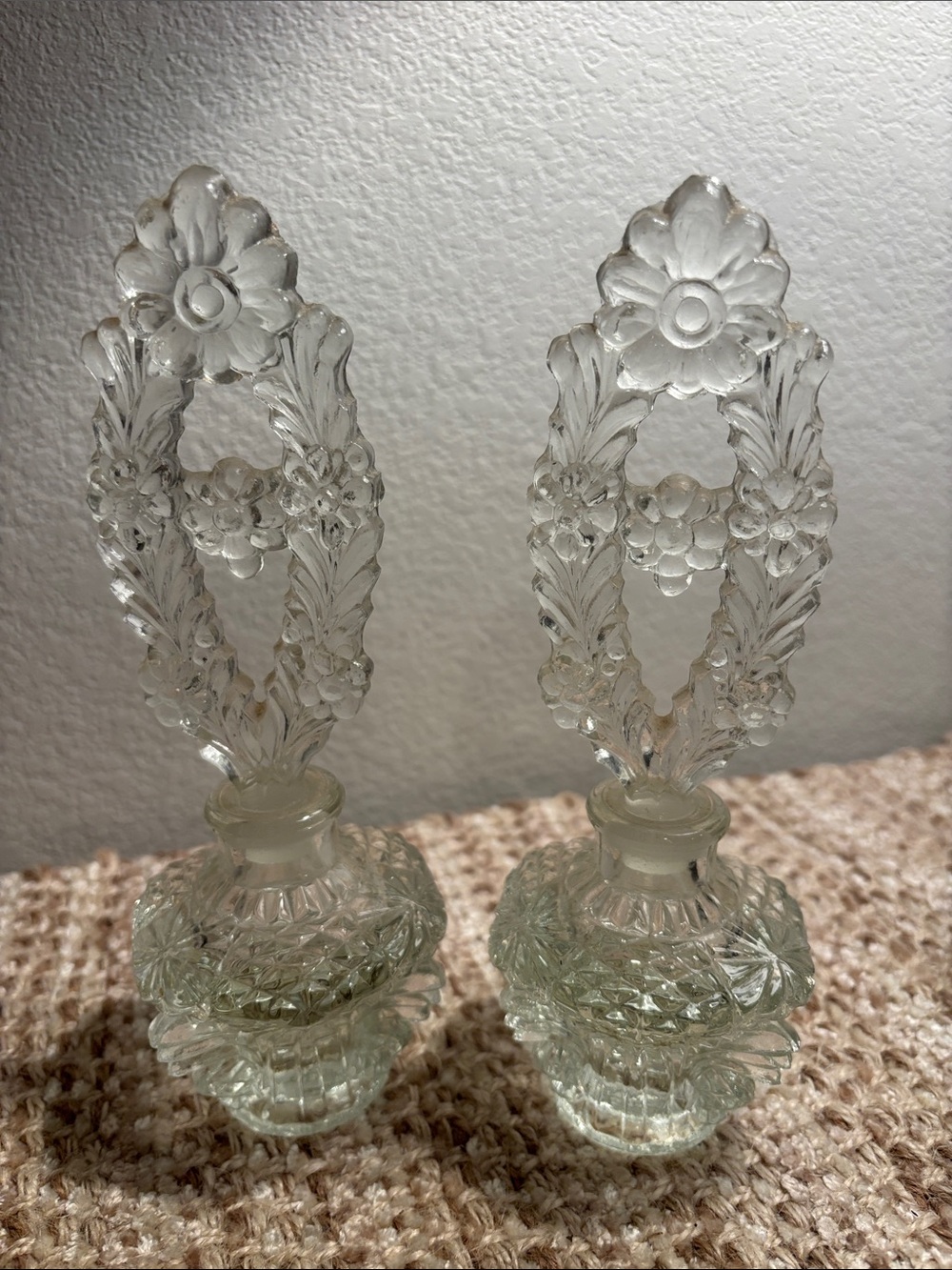 Clear Glass Floral Decorative Perfume Bottle Pair